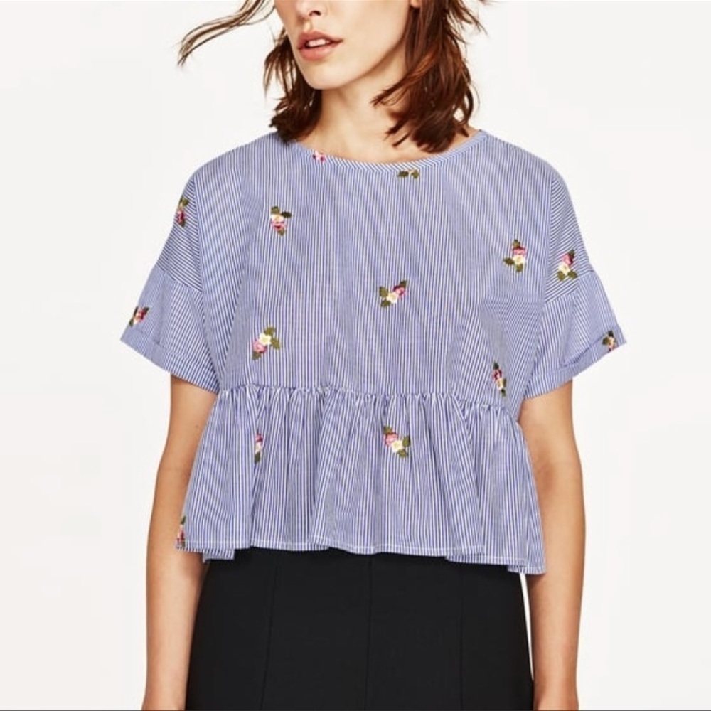 Zara Blue & White Striped Embroidered Peplum Blouse